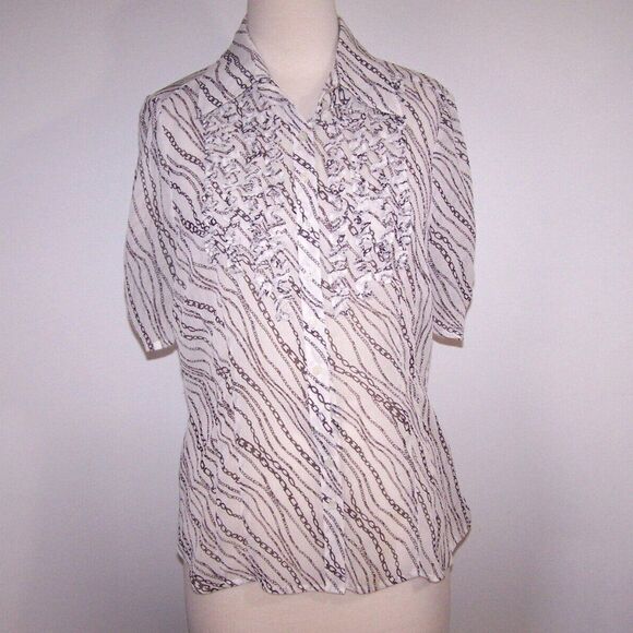 Worthington Shirt Top Womens Sz 14 Sheer Chain Print Ruffled Button Up Crinkled - Picture 2 of 9